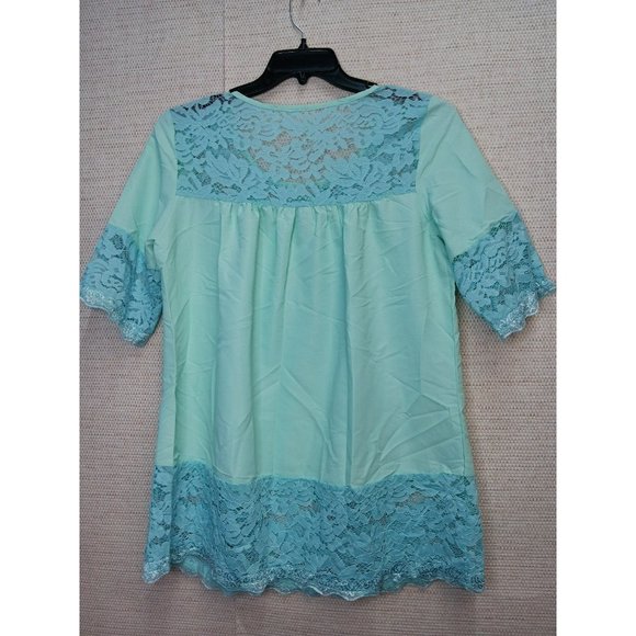 Cute work Turquoise Blue Summer Lace V neck Polyester Blouse size Large - Picture 7 of 9